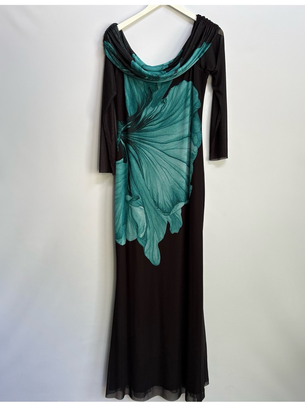 NWT Anthropologie AFRM Long-Sleeve Off-The-Shoulder Teal Flower Mesh Maxi Dress - Picture 8 of 12